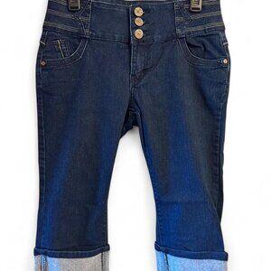 b E by Hailey navy blue capri jeans with button detail.